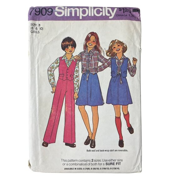 70s Simplicity 7909 Girls Sewing Pattern Size B 810 Vest Shirt Pants Skirt CUT - Picture 1 of 7